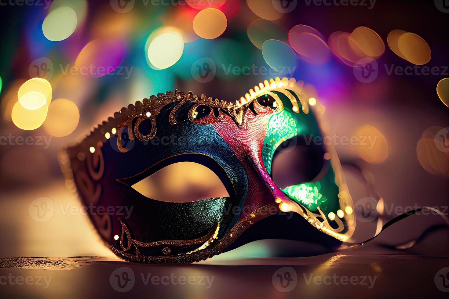 generatief ai illustratie van de levendig energie en opwinding van braziliaans carnaval, Venetiaanse carnaval masker en confetti met abstract onscherp bokeh lichten en glimmend slingers foto