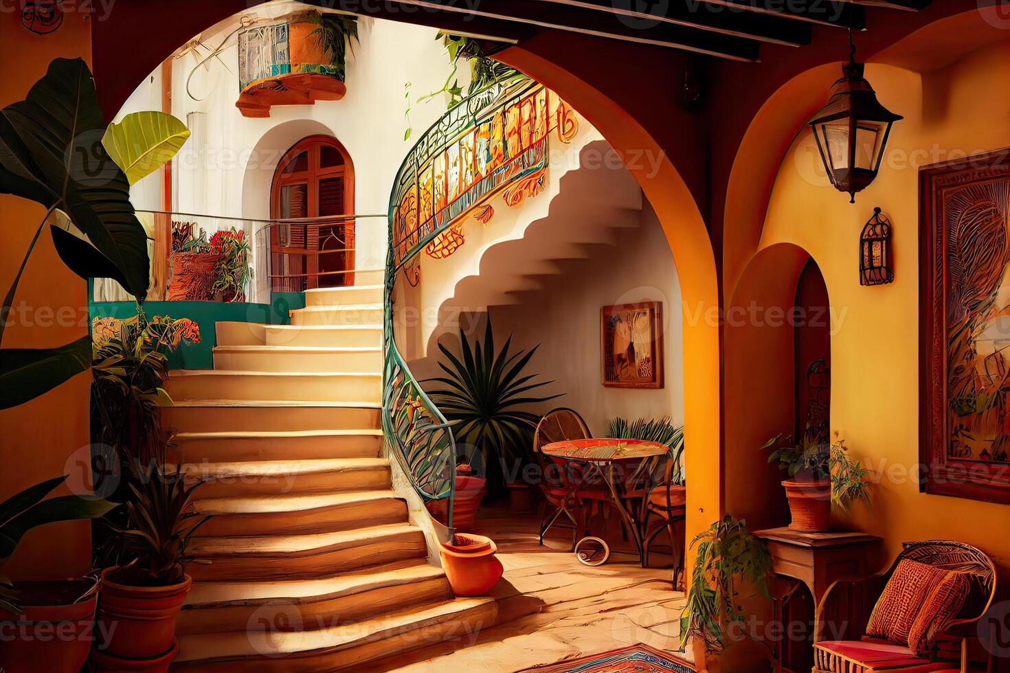 generatief ai illustratie van de schoonheid en rijkdom van een traditioneel Mexicaans leven kamer en patio, met helder kleuren Aan de muren, cactussen, tropisch bladeren, lantaarns, majestueus bogen, en trap foto