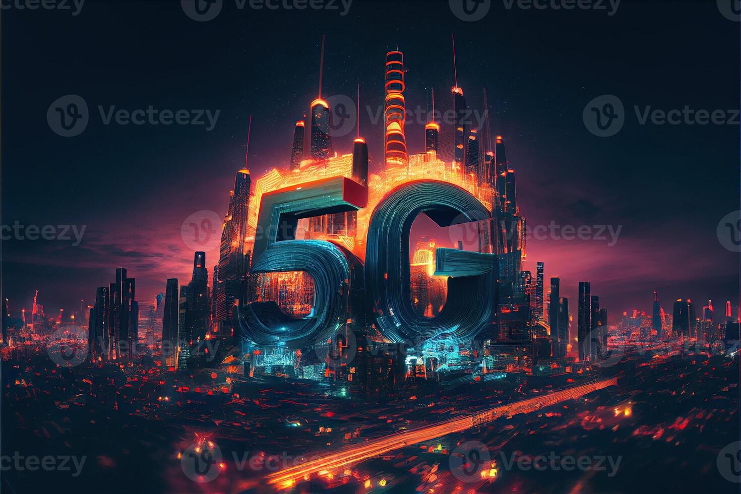 generatief ai illustratie van futuristische stad Bij nacht, 5g internet netwerk draadloze systemen en internet van dingen, slim stad en communicatie netwerk concept. foto