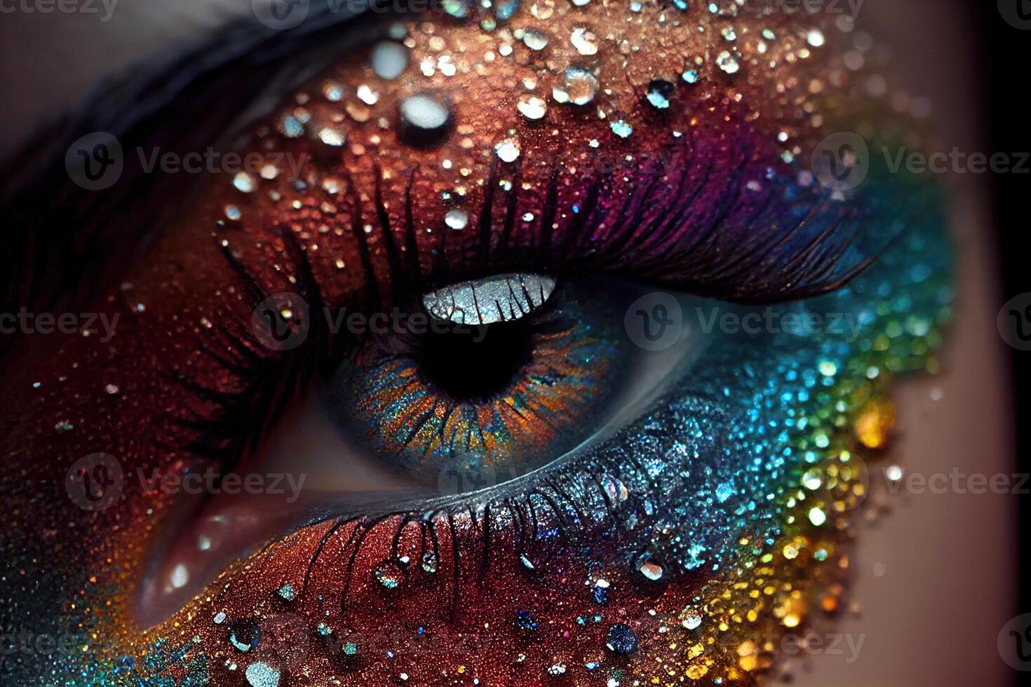 generatief ai illustratie van mooi vrouw ogen met carnaval glas sparkly oogschaduw. dichtbij focus. foto