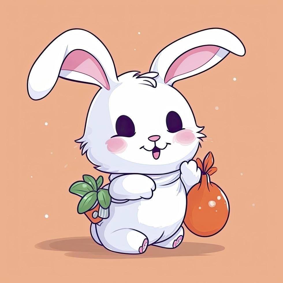 schattig konijn met wortel zak tekenfilm icoon illustratie. dier onderwijs icoon concept geïsoleerd, genereren ai foto