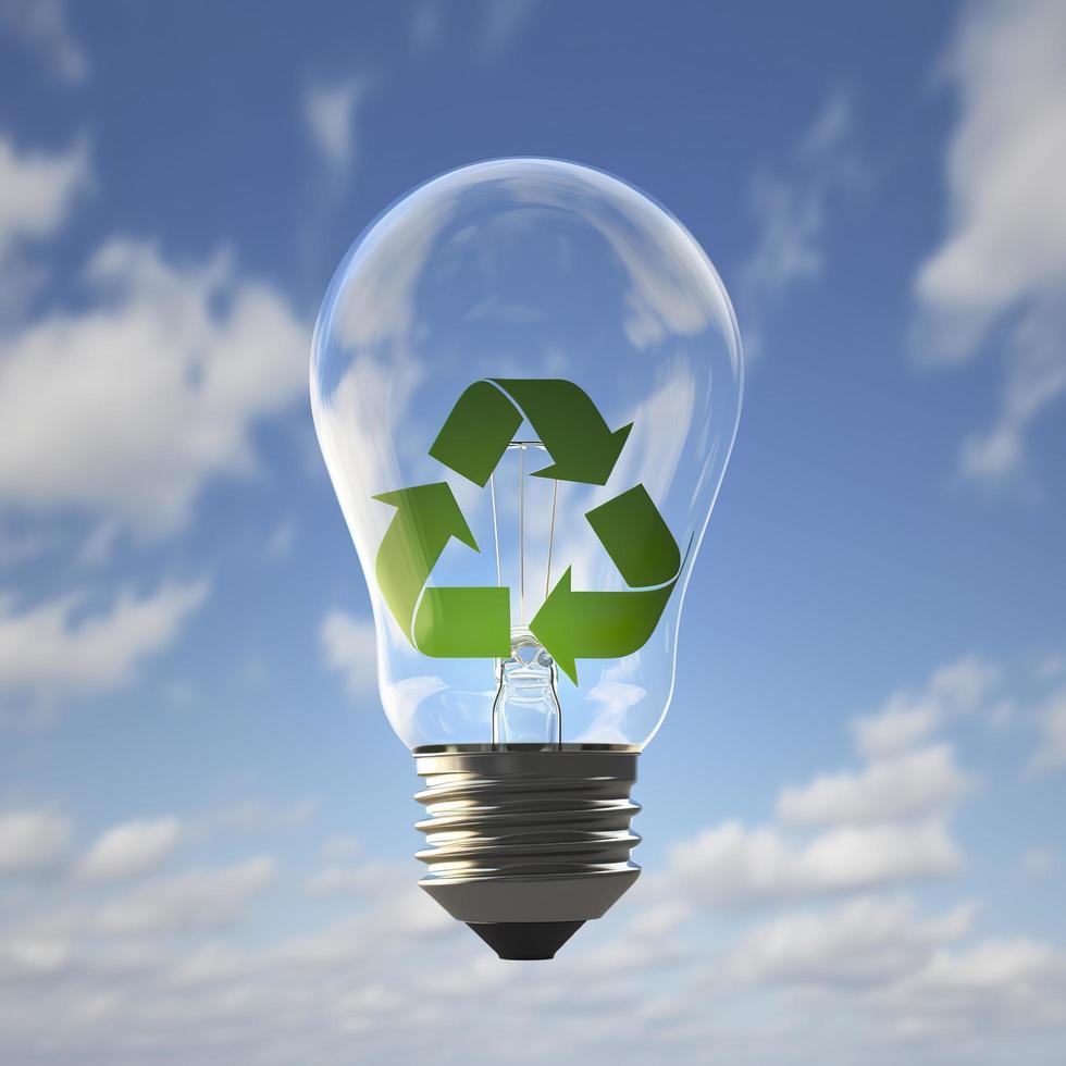 glas lamp geschorst in de lucht met een blauw lucht in de achtergrond en een groen recycling symbool binnen het. 3d veroorzaken, genereren ai foto