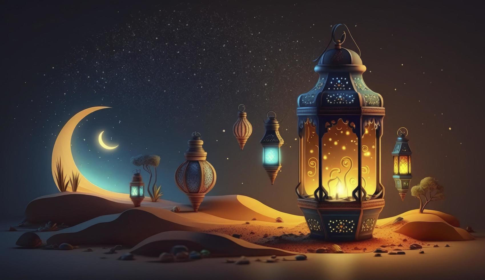 Arabië Sahara lantaarn en maan opstelling voor groet Ramadan of eid mubarak kaarten, genereren ai foto