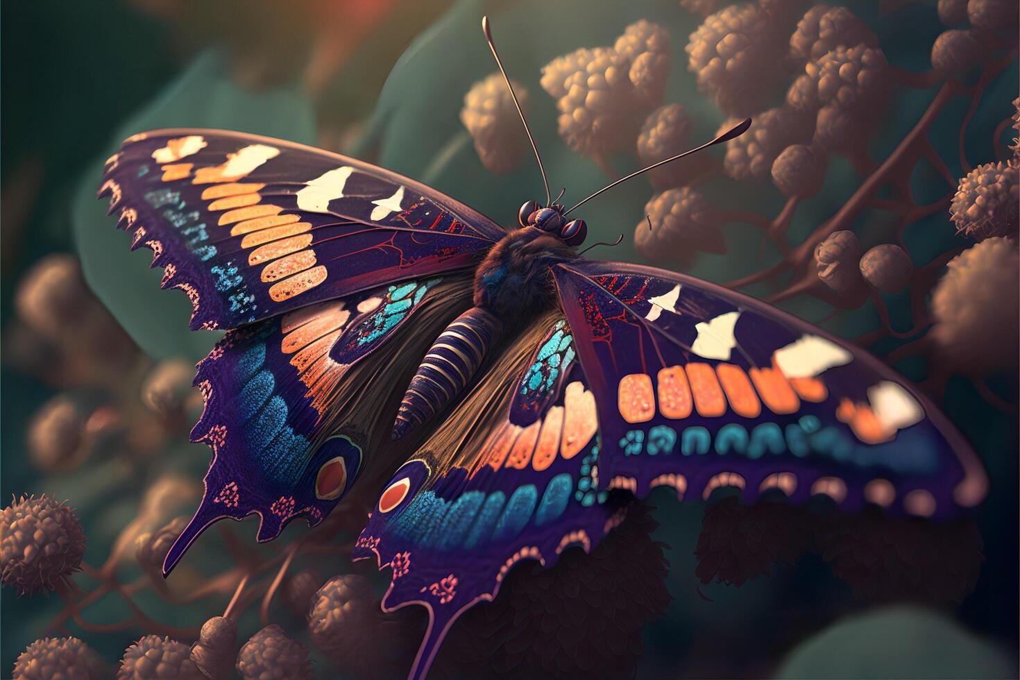 detailopname kleurrijk vlinder zittend Aan bloemen. ai gegenereerd. foto