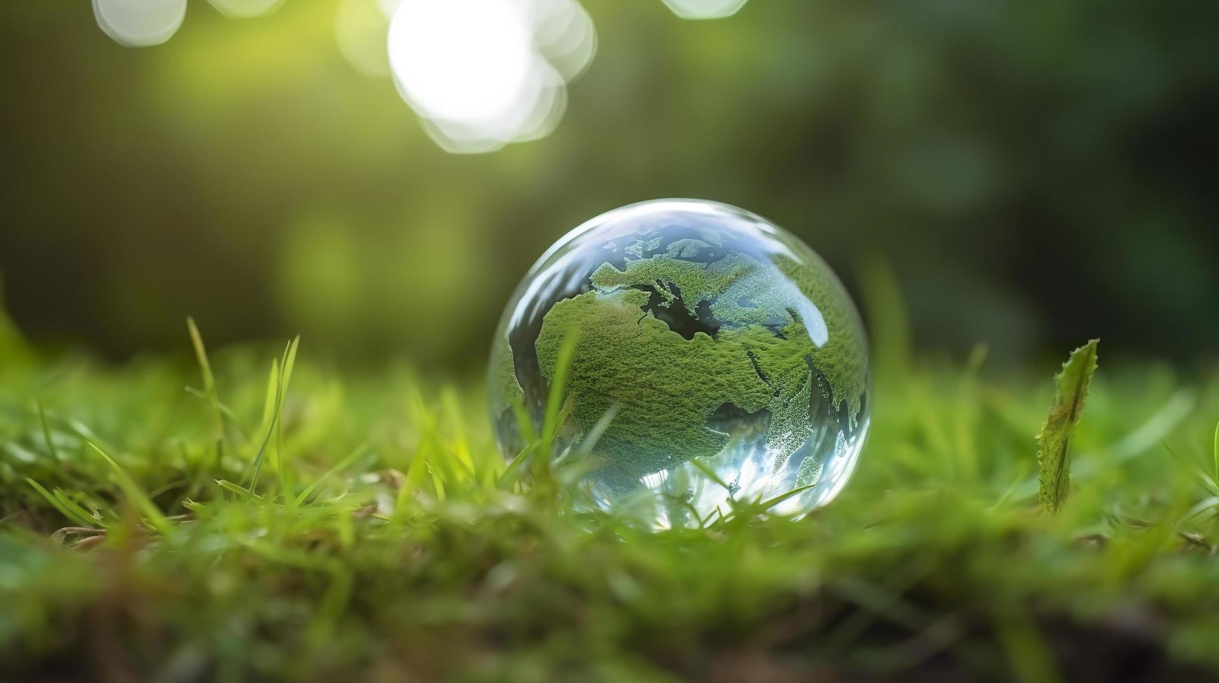 een glas wereldbol concept dag aarde opslaan de wereld opslaan milieu de wereld is in de gras van de groen bokeh achtergrond, genereren ai foto