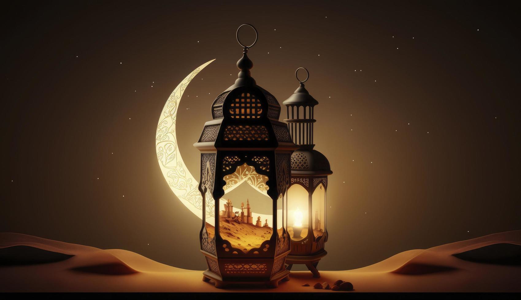 Arabië Sahara lantaarn en maan opstelling voor groet Ramadan of eid mubarak kaarten, genereren ai foto