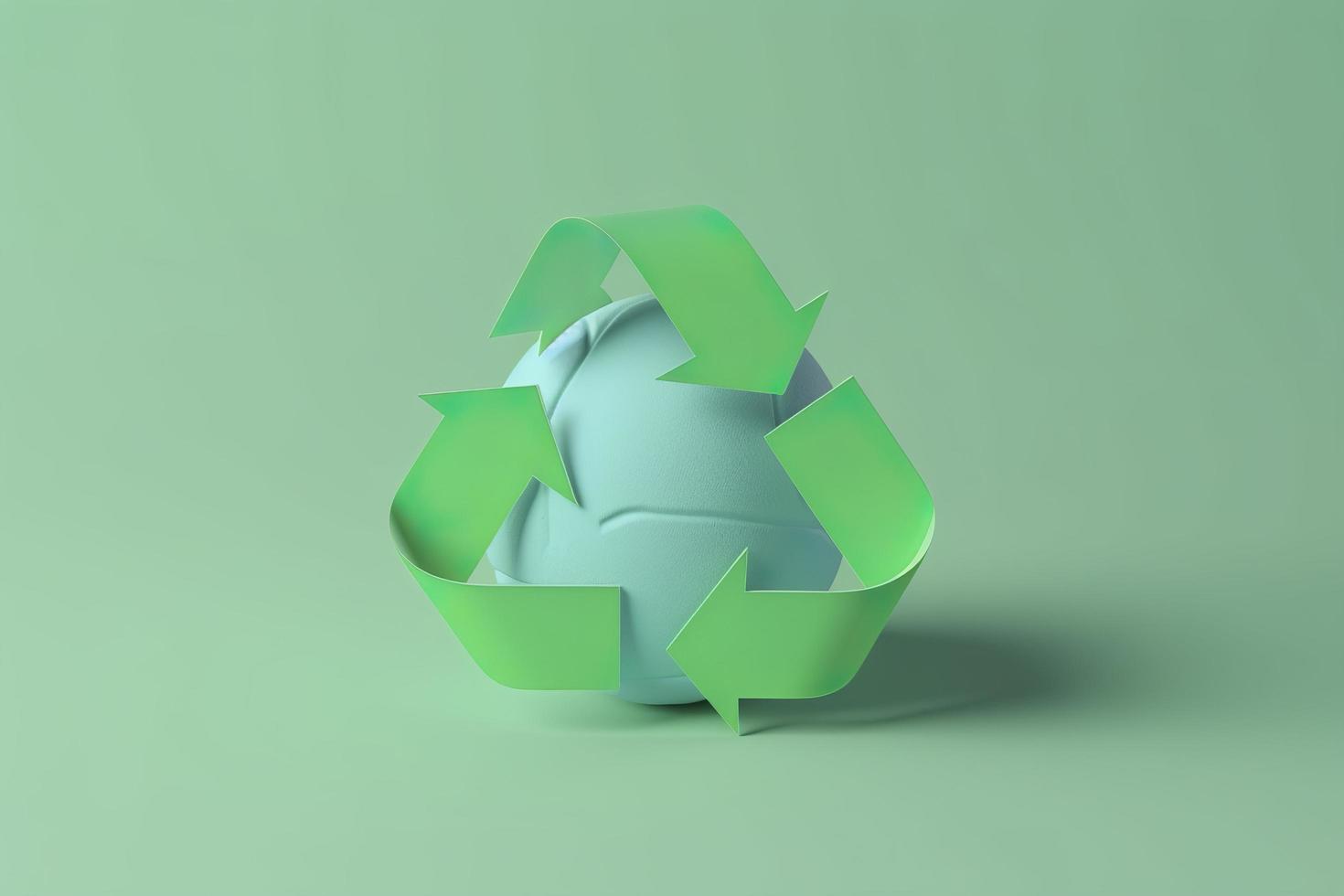 3d renderen groen recycle teken met wereldbol Aan achtergrond opslaan de wereld en milieu concept, genereren ai foto