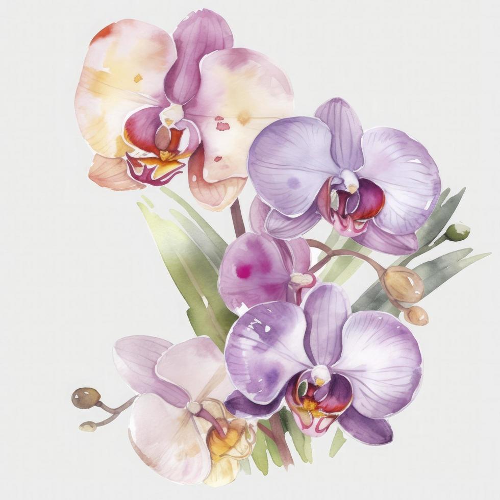 vrij orchidee bloemen water kleur, pastel ,wit achtergrond , genereren ai foto