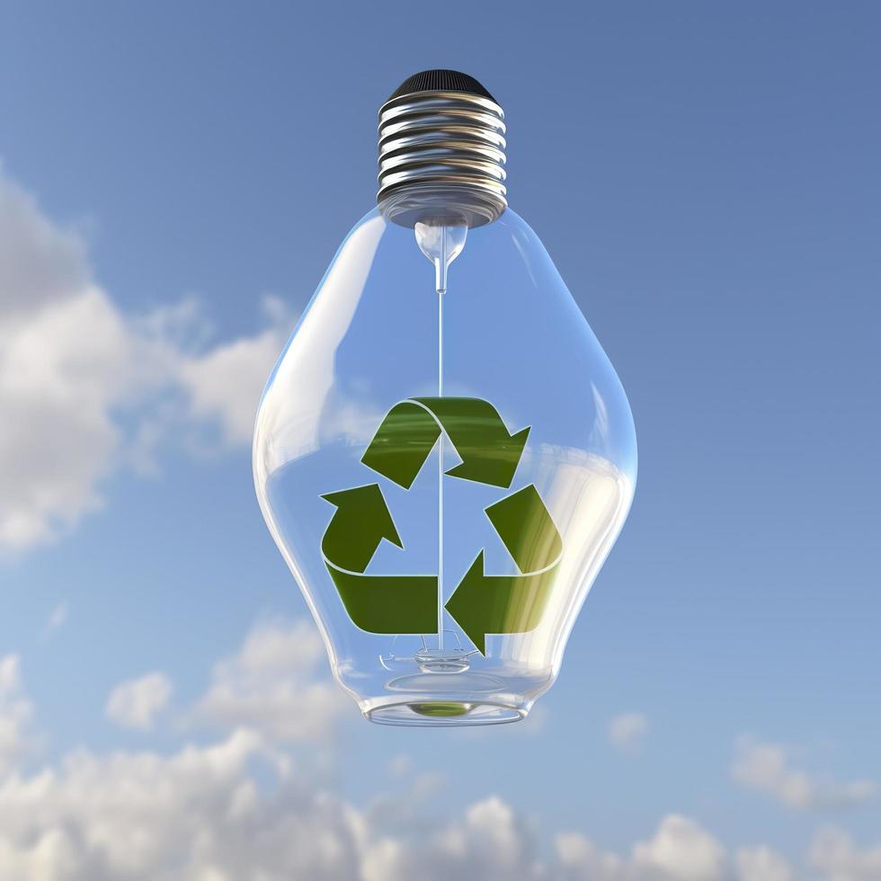 glas lamp geschorst in de lucht met een blauw lucht in de achtergrond en een groen recycling symbool binnen het. 3d veroorzaken, genereren ai foto