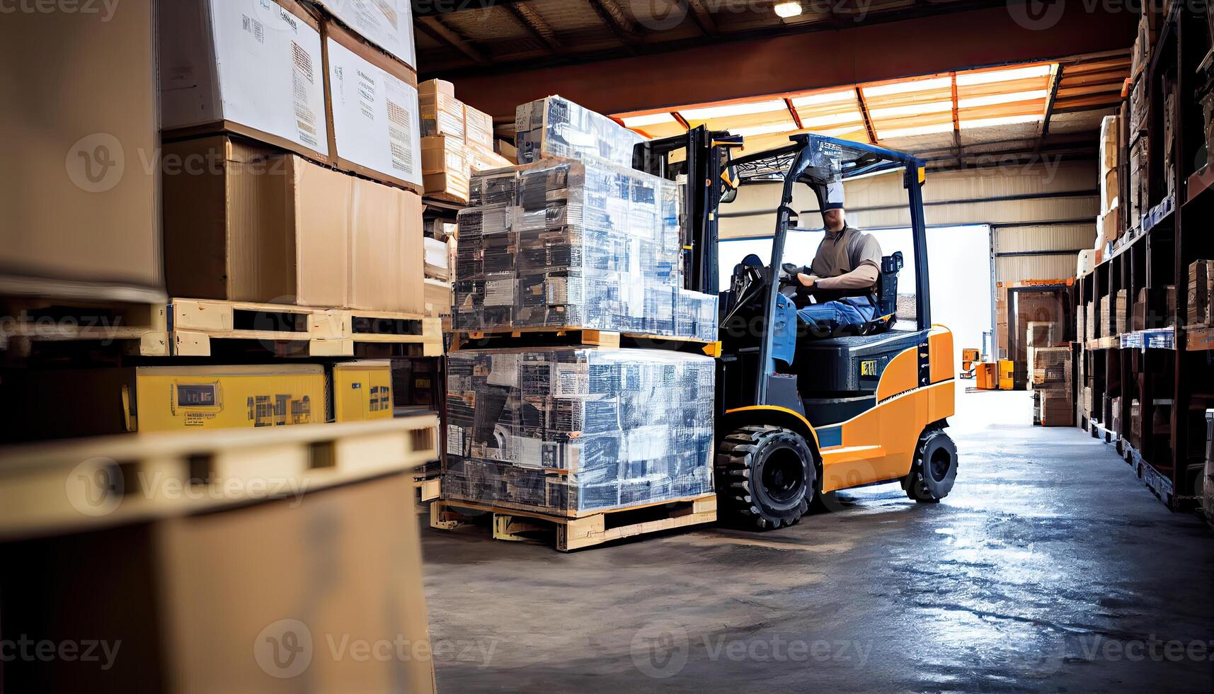 heftruck ladingen pallets en dozen in magazijn gegenereerd ai foto