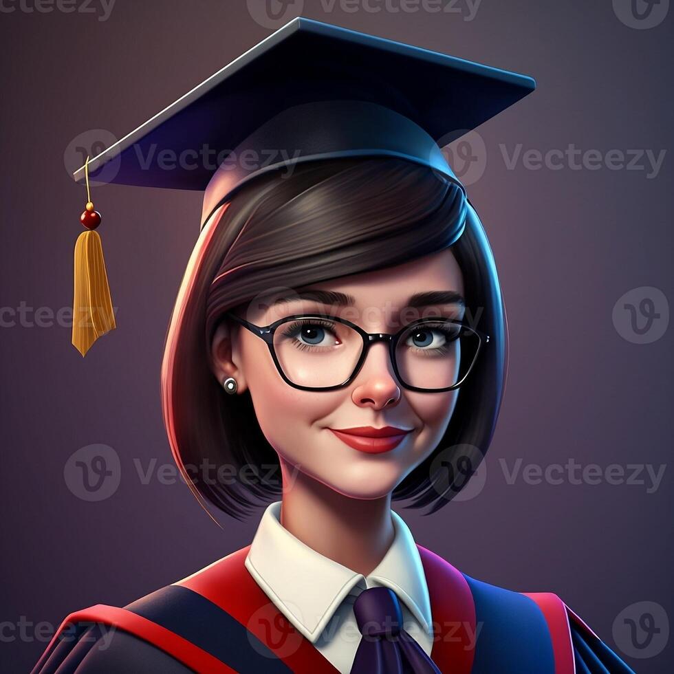 3d karikatuur portret van een Universiteit college afstuderen meisje geïsoleerd Aan schoon achtergrond. generatief ai foto
