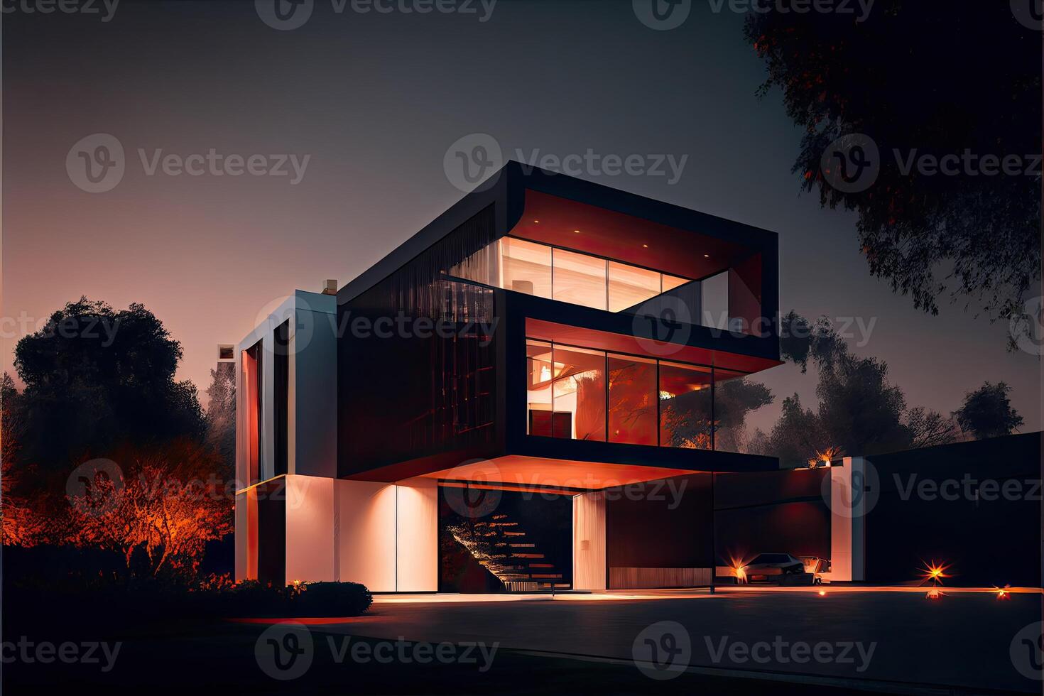 avond visie van een luxueus modern huis gegenereerd ai foto