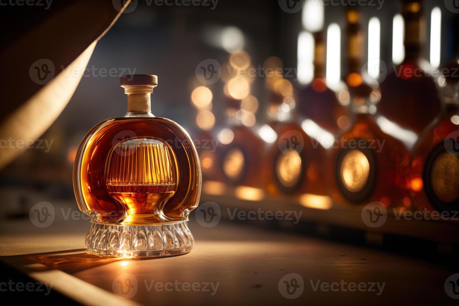 een fles van amber cognac omringd door andere flessen in een traditioneel Frans distilleerderij. generatief ai foto
