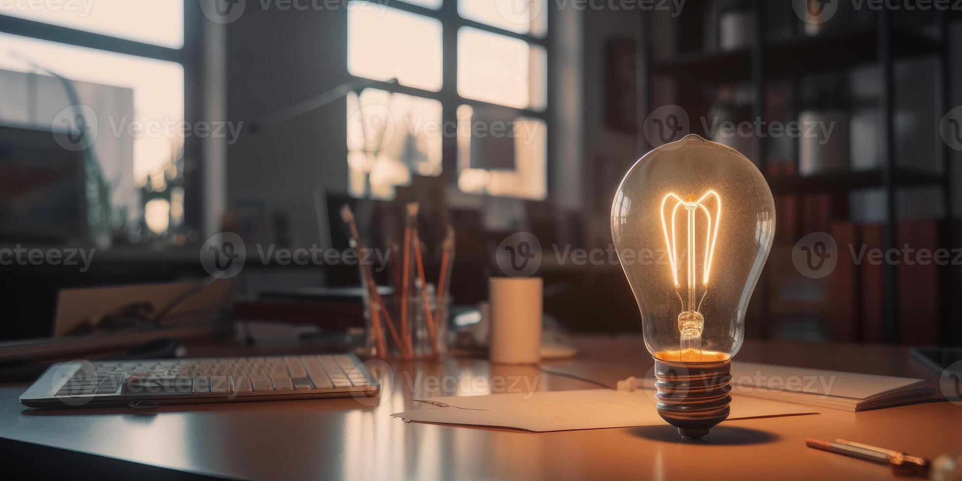 bedrijf ideeën concept met gloeiend licht lamp in werkplek. generatief ai foto