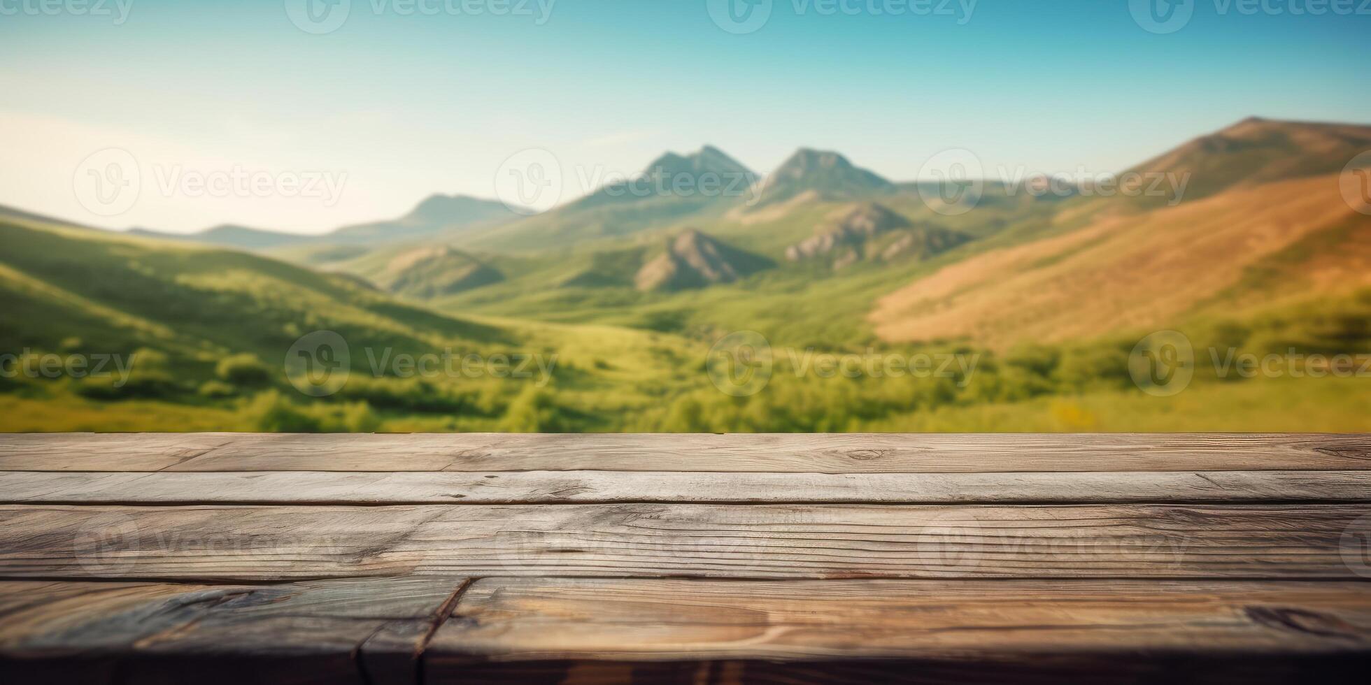 leeg houten tafel met groen berg achtergrond, vrij ruimte voor Product Scherm. generatief ai foto