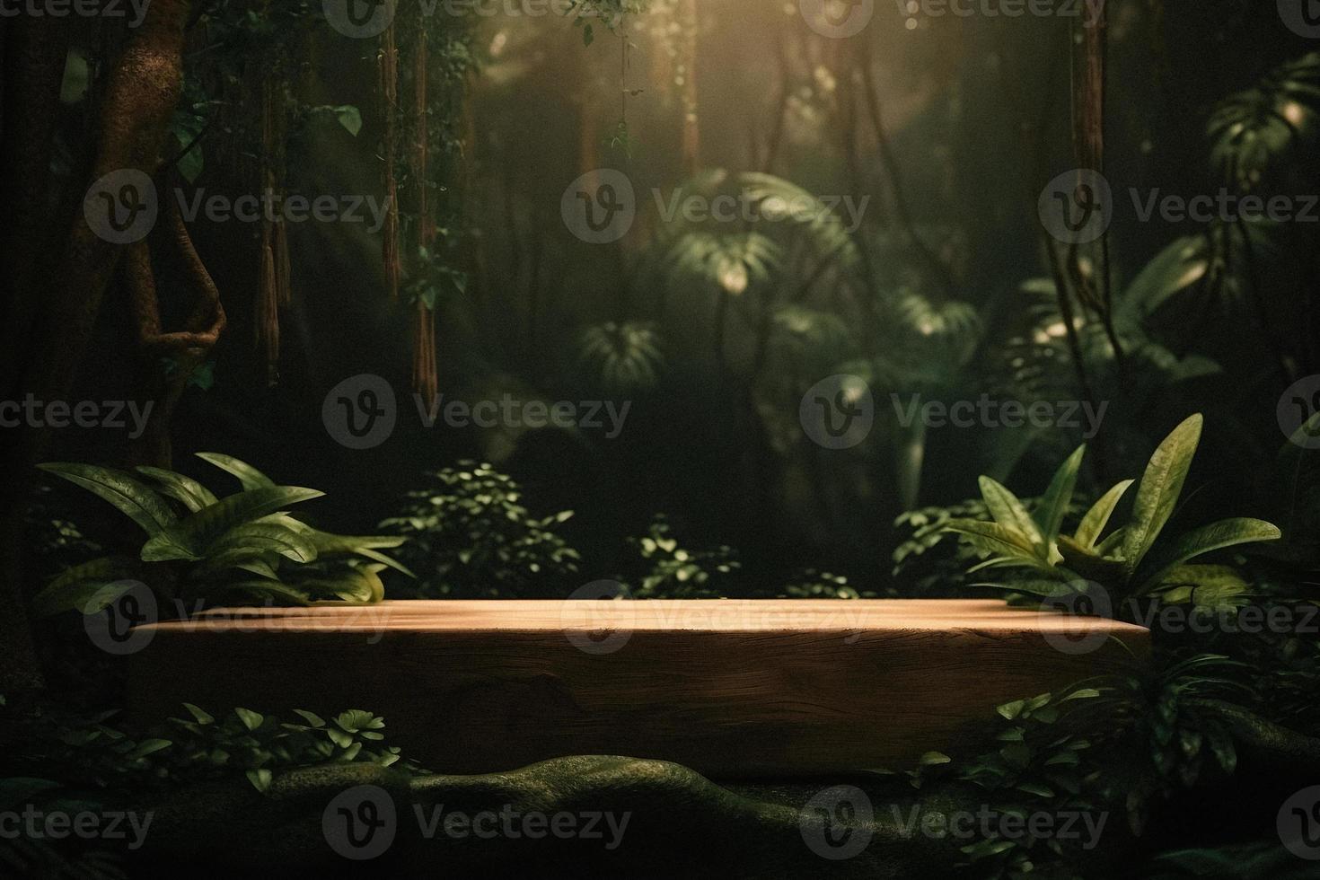 professioneel fotografie van een leeg ruimte mockup podium met een jungle-thema natuur achtergrond voor een verbijsterend zichtbaar gevolg foto