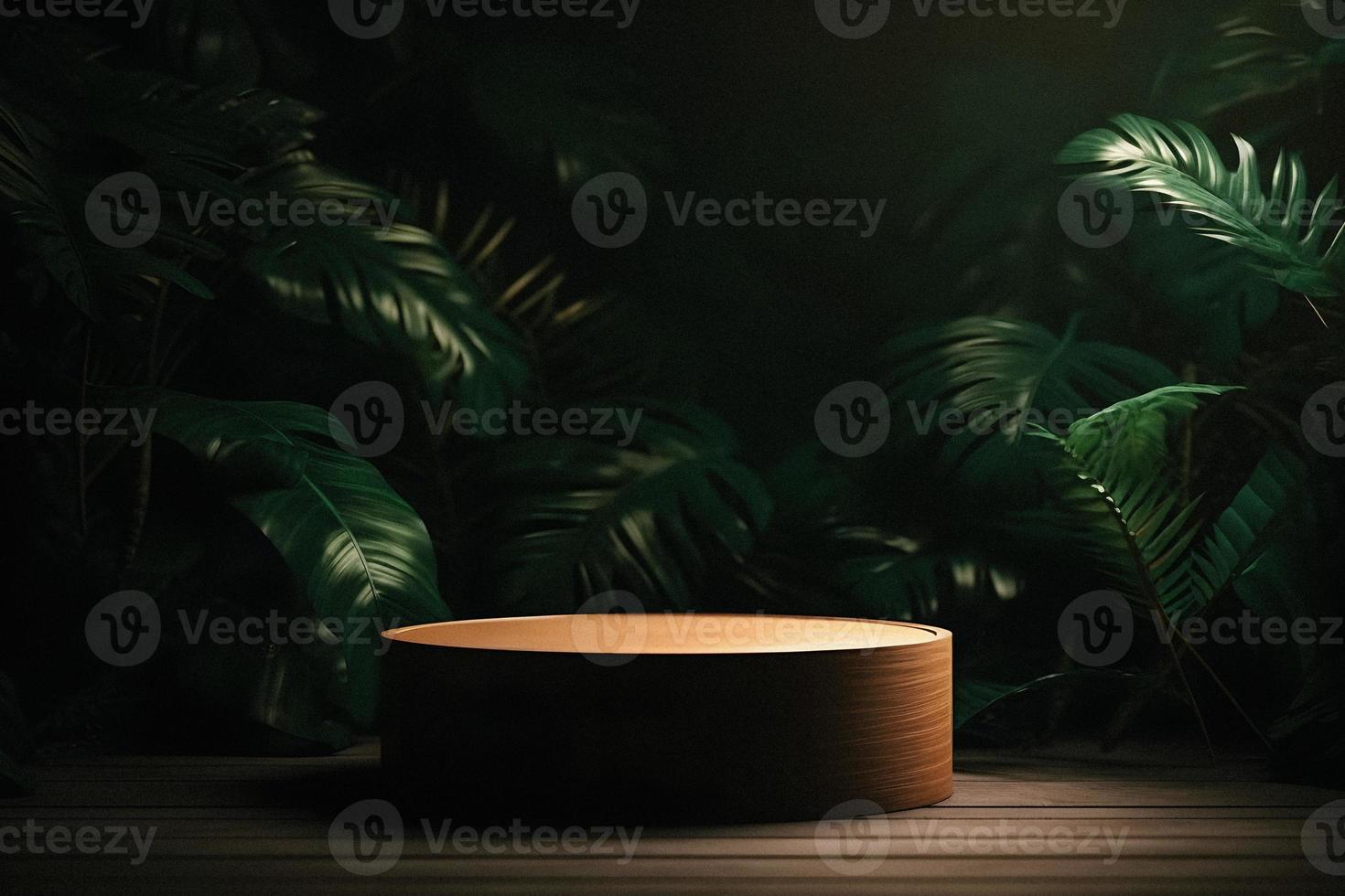 professioneel fotografie van een leeg ruimte mockup podium met een jungle-thema natuur achtergrond voor een verbijsterend zichtbaar gevolg foto