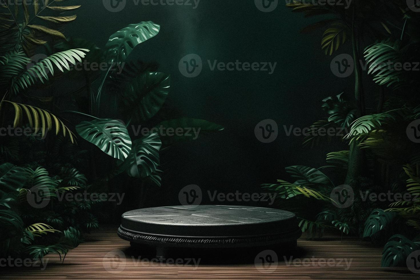 professioneel fotografie van een leeg ruimte mockup podium met een jungle-thema natuur achtergrond voor een verbijsterend zichtbaar gevolg foto