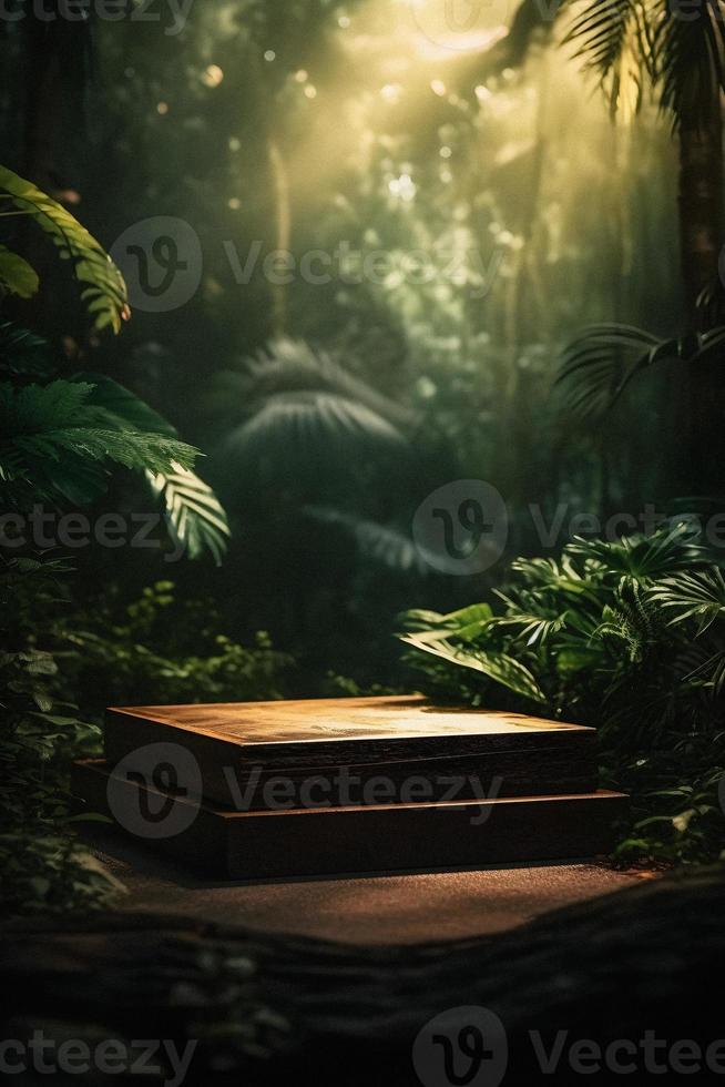 professioneel fotografie van een leeg ruimte mockup podium met een jungle-thema natuur achtergrond voor een verbijsterend zichtbaar gevolg foto