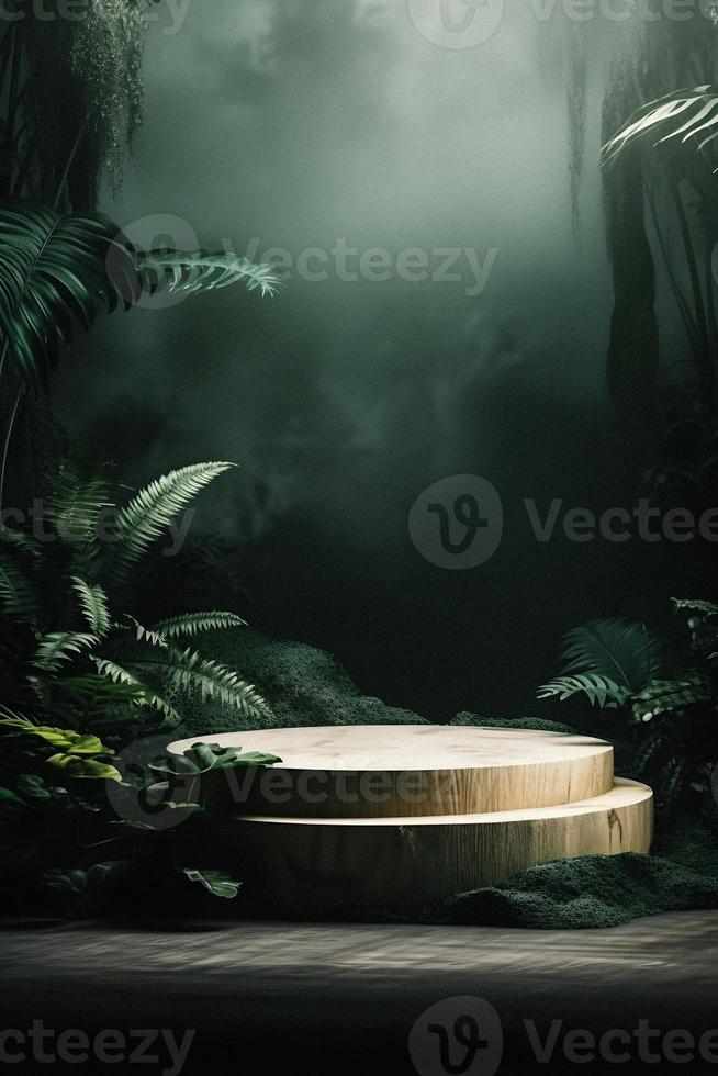 professioneel fotografie van een leeg ruimte mockup podium met een jungle-thema natuur achtergrond voor een verbijsterend zichtbaar gevolg foto