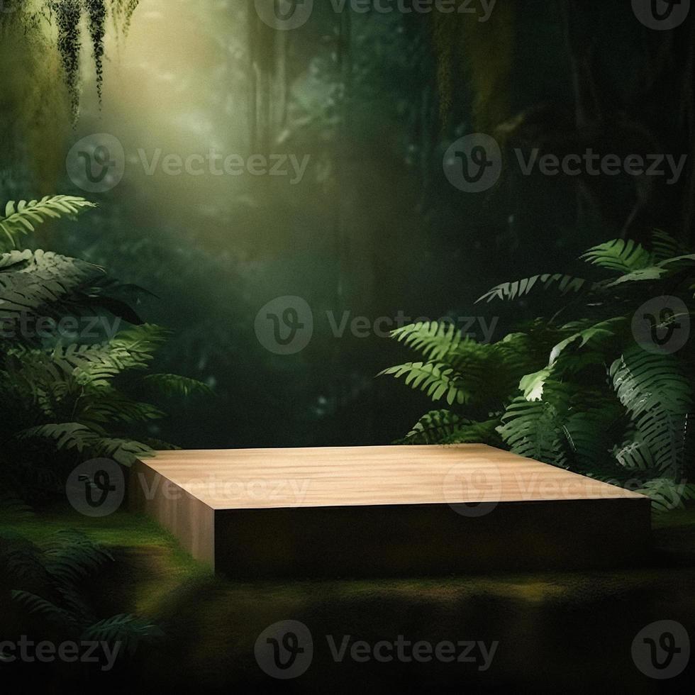 professioneel fotografie van een leeg ruimte mockup podium met een jungle-thema natuur achtergrond voor een verbijsterend zichtbaar gevolg foto