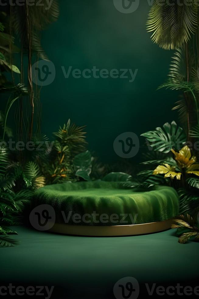 professioneel fotografie van een leeg ruimte mockup podium met een jungle-thema natuur achtergrond voor een verbijsterend zichtbaar gevolg foto