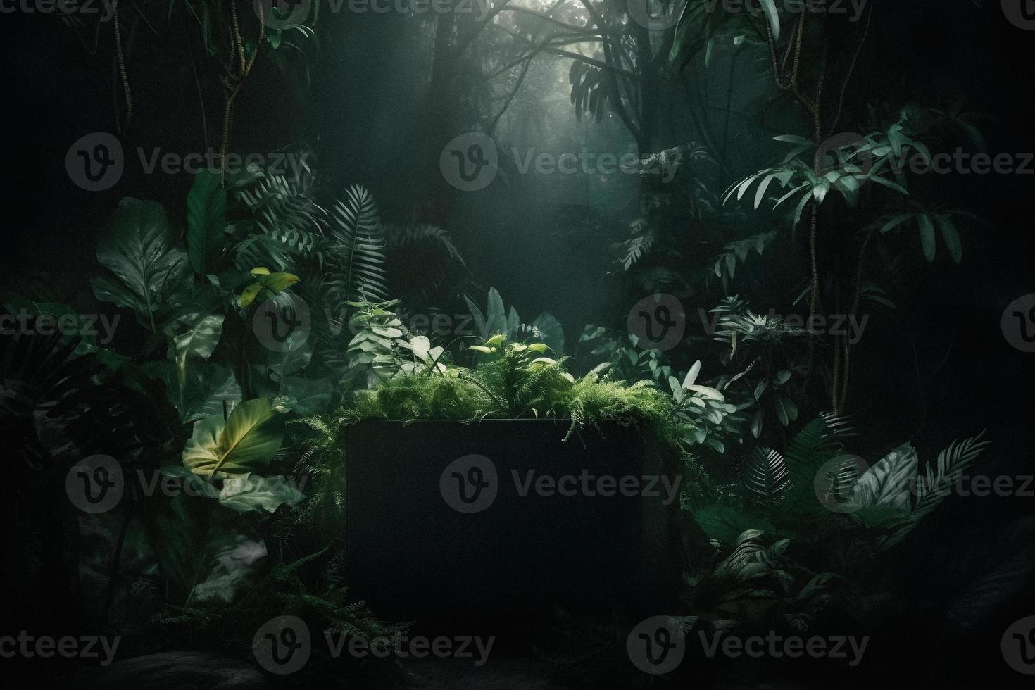 professioneel fotografie van een leeg ruimte mockup podium met een jungle-thema natuur achtergrond voor een verbijsterend zichtbaar gevolg foto