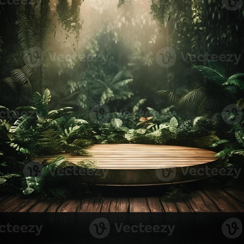 professioneel fotografie van een leeg ruimte mockup podium met een jungle-thema natuur achtergrond voor een verbijsterend zichtbaar gevolg foto