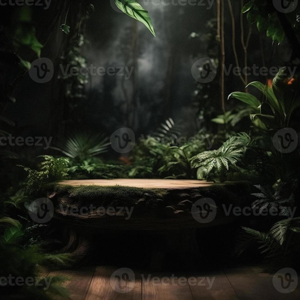 professioneel fotografie van een leeg ruimte mockup podium met een jungle-thema natuur achtergrond voor een verbijsterend zichtbaar gevolg foto