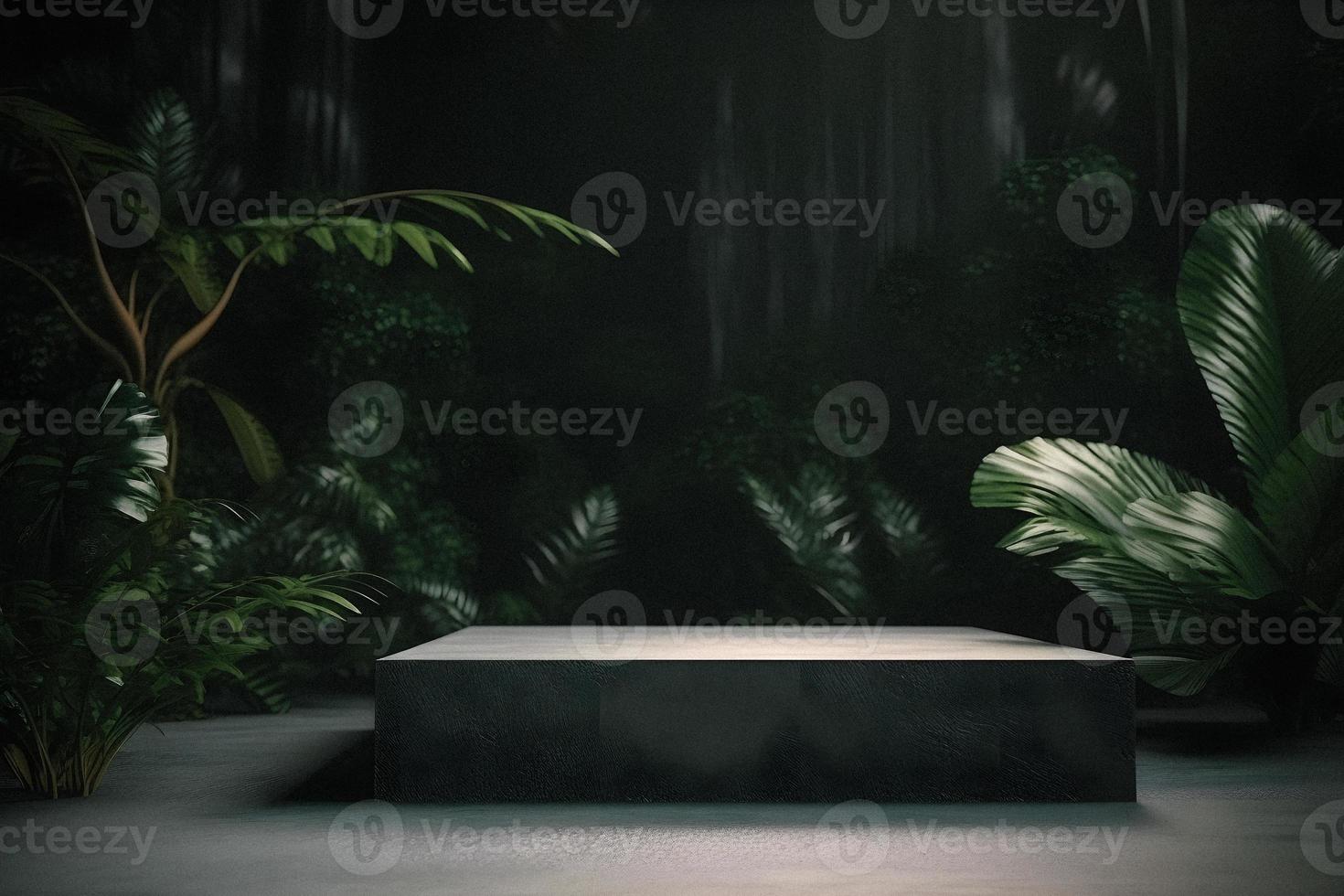 professioneel fotografie van een leeg ruimte mockup podium met een jungle-thema natuur achtergrond voor een verbijsterend zichtbaar gevolg foto