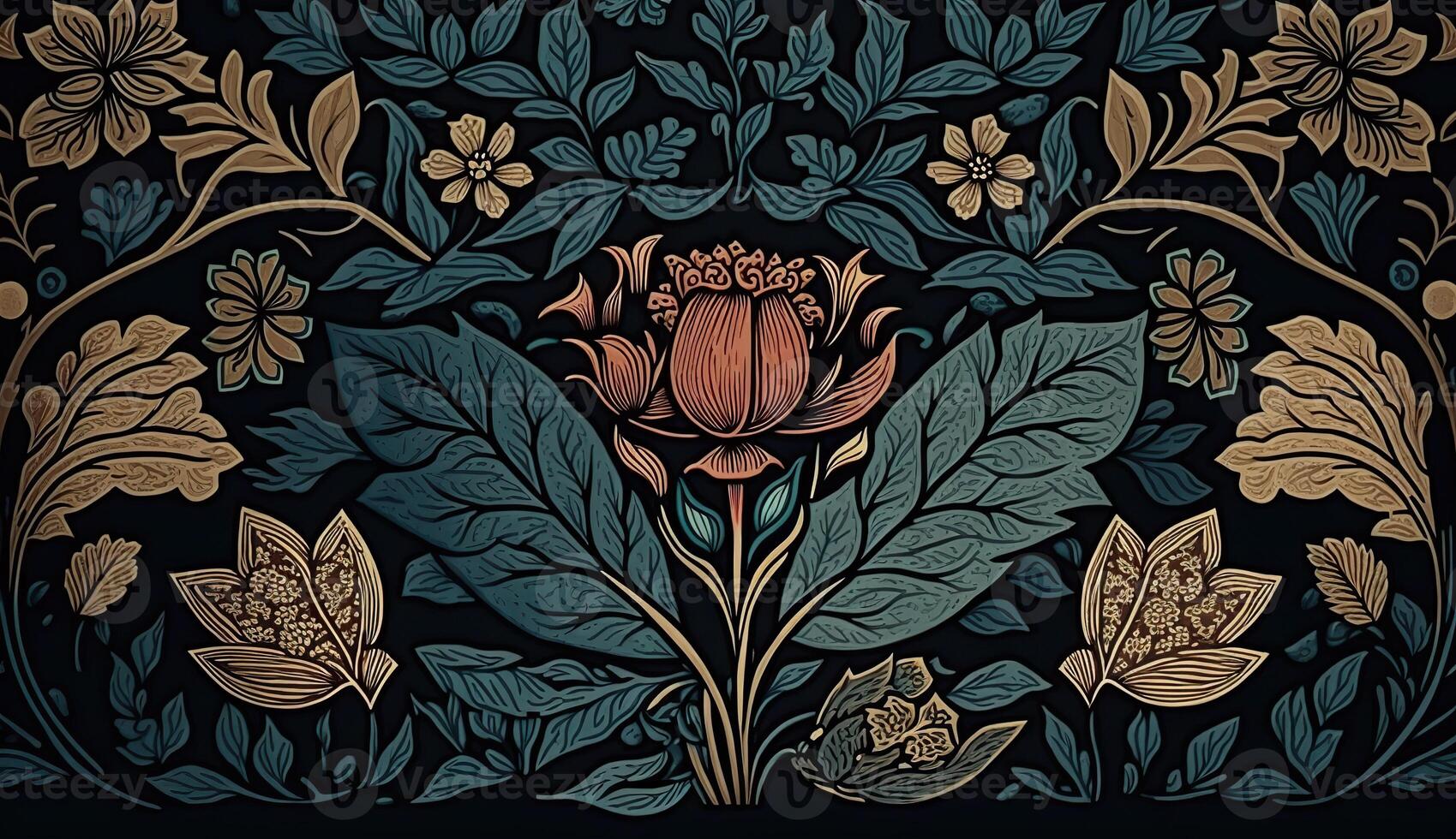 ai gegenereerd. generatief ai. bloemen patroon behang. bloemen en bladeren. kan worden gebruikt voor decoratie. geïnspireerd door de stijl van William morris. kleur illustratie. foto