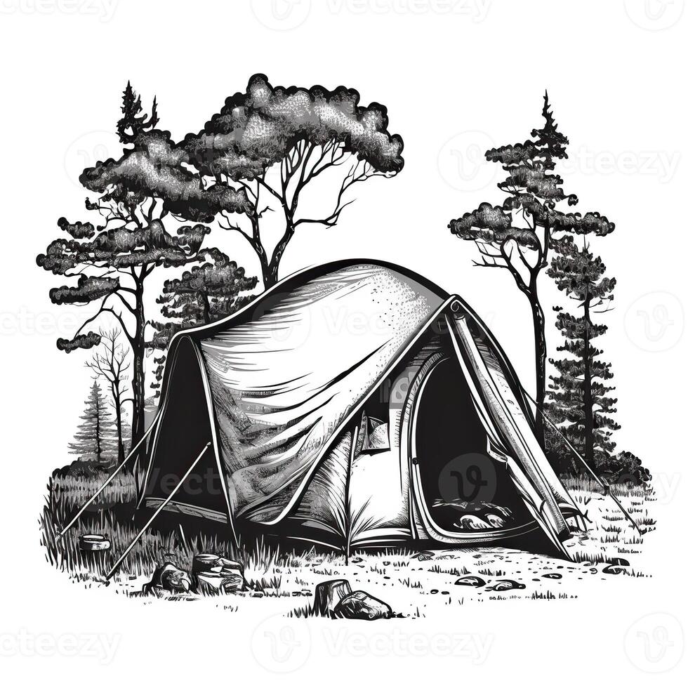 ai gegenereerd. generatief ai. wijnoogst retro camping tent in gravure stijl. avontuur reis reis motiverende poster. kan worden gebruikt voor decoratie en inspiratie. grafisch kunst illustratie. foto