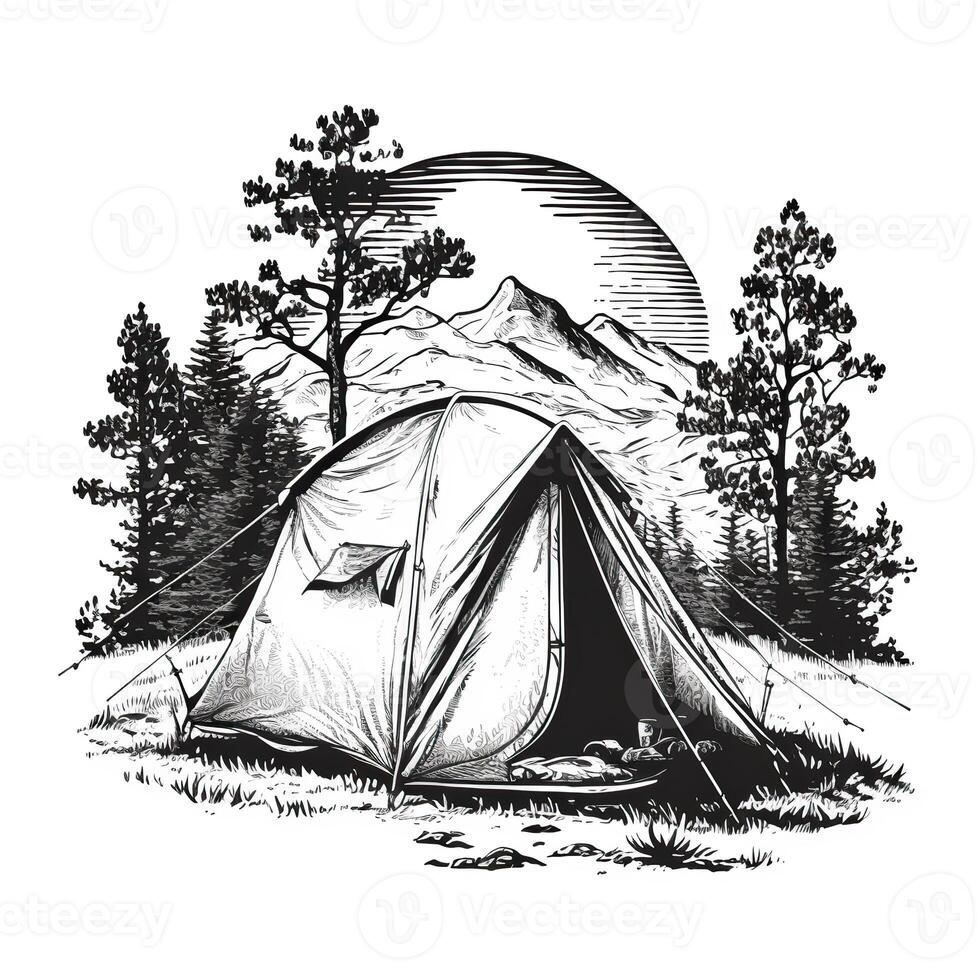 ai gegenereerd. generatief ai. wijnoogst retro camping tent in gravure stijl. avontuur reis reis motiverende poster. kan worden gebruikt voor decoratie en inspiratie. grafisch kunst illustratie. foto
