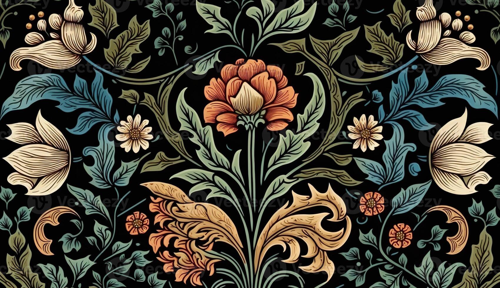 ai gegenereerd. generatief ai. bloemen patroon behang. bloemen en bladeren. kan worden gebruikt voor decoratie. geïnspireerd door de stijl van William morris. kleur illustratie. foto