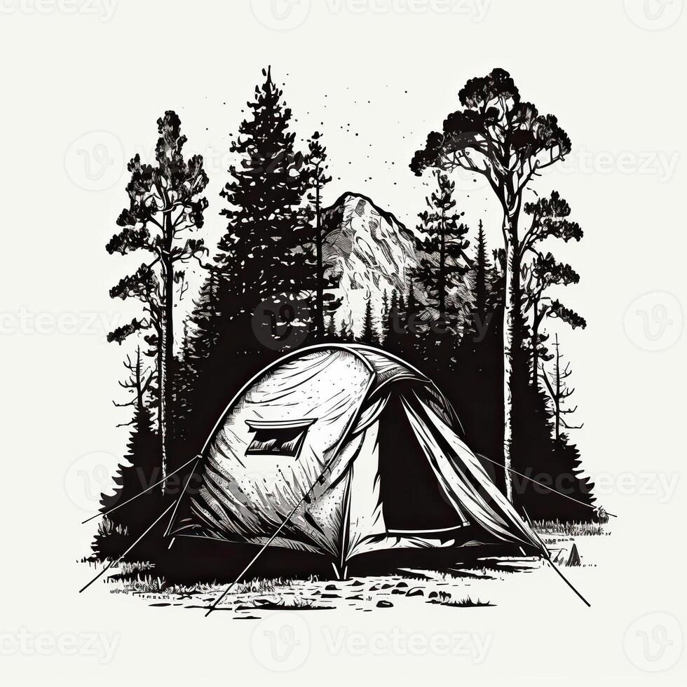 ai gegenereerd. generatief ai. wijnoogst retro camping tent in gravure stijl. avontuur reis reis motiverende poster. kan worden gebruikt voor decoratie en inspiratie. grafisch kunst illustratie. foto