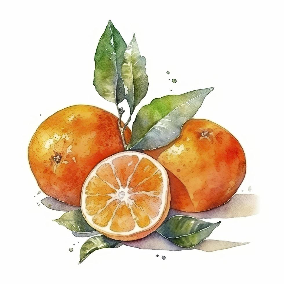 waterverf schilderij van vier sinaasappels Aan wit achtergrond, genereren ai foto