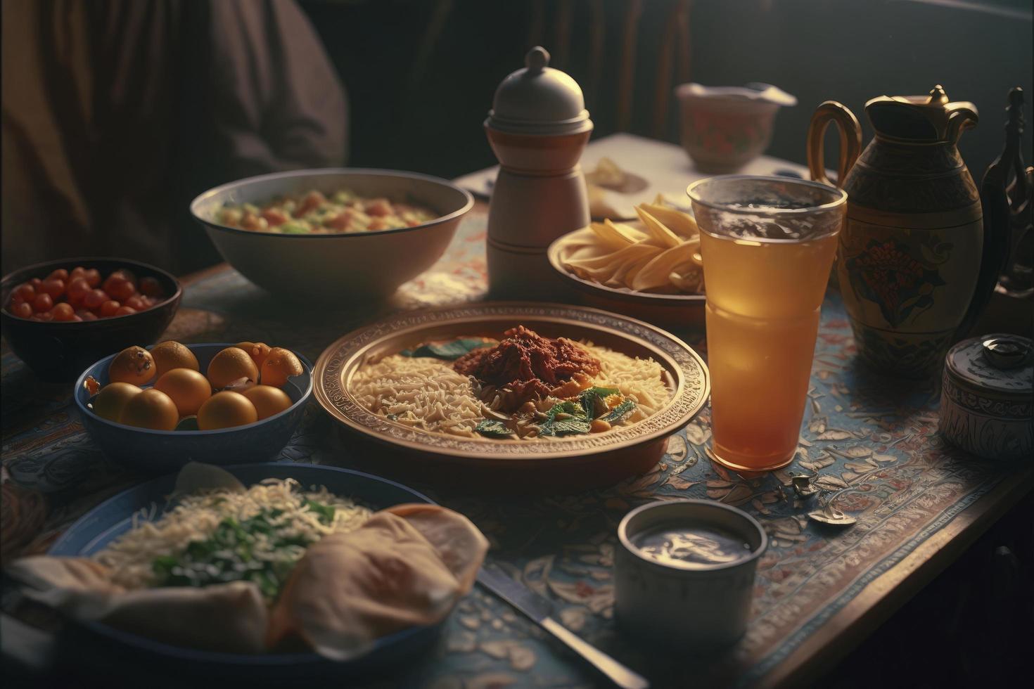 Ramadan iftar voedsel, iftar maaltijden en bijeenkomsten, Ramadan iftar eid. moslim familie heeft avondeten Bij huis. tafel met traditioneel voedsel. eid al-fitr feesten, genereren ai foto