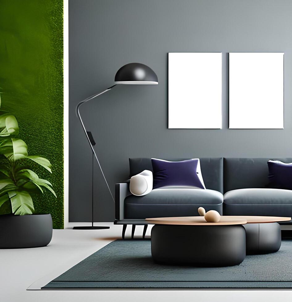 leven kamer interieur model, meubilair en decoratief modieus bloem en planten, wit sofa en fauteuil, natuurlijk elementen en minimalisme 3d geven . ai generatief foto