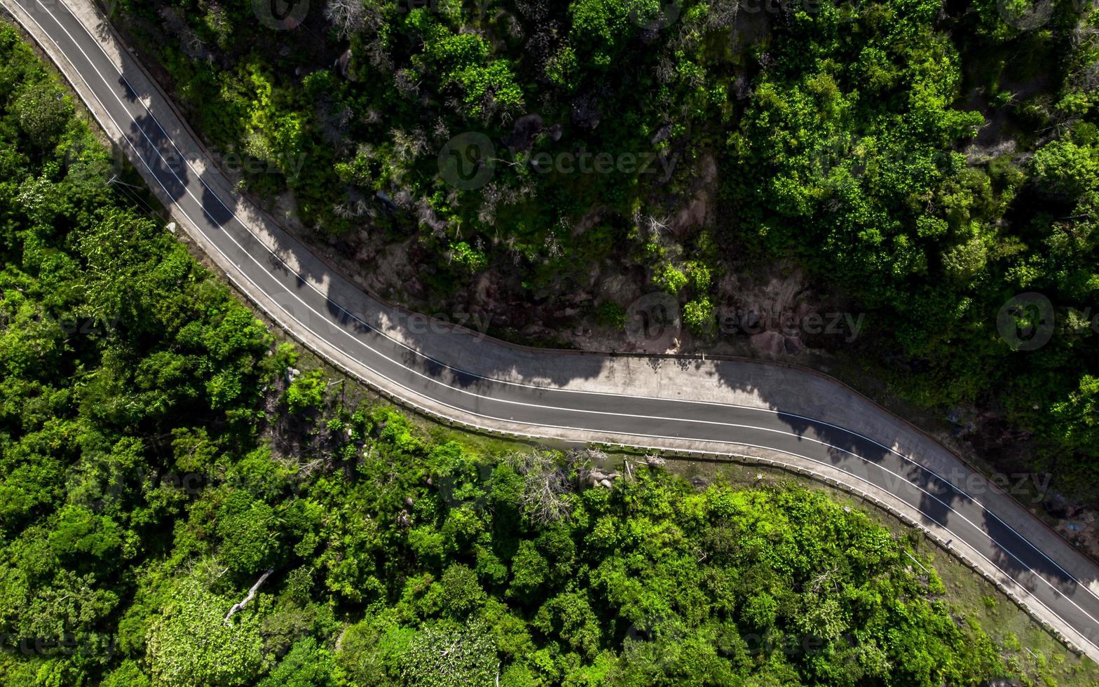 antenne visie van leeg kronkelend weg in een Woud. snelweg door bos- foto