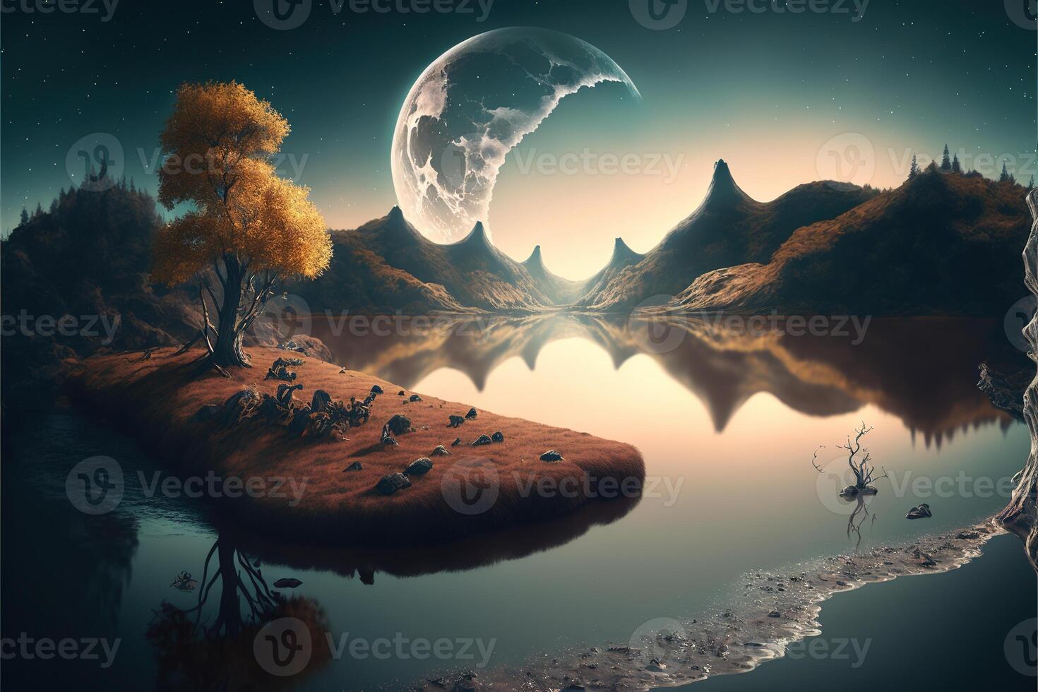de rivier- met de maan. bizar landschap conceptuele zichtbaar kunst natuurlijk fantasie kunst door ai gegenereerd foto
