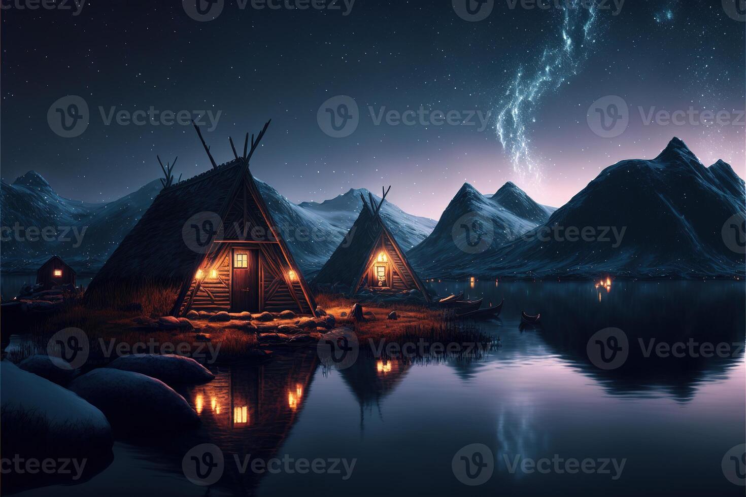 viking huizen in een viking landschap door ai gegenereerd foto