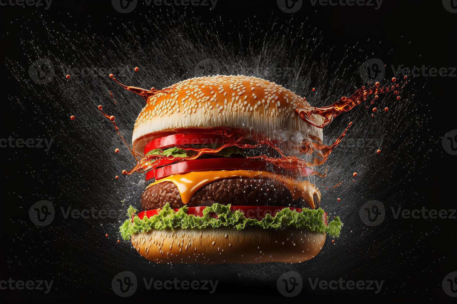 Hamburger met spatten ketchup geïsoleerd achtergrond door ai gegenereerd foto