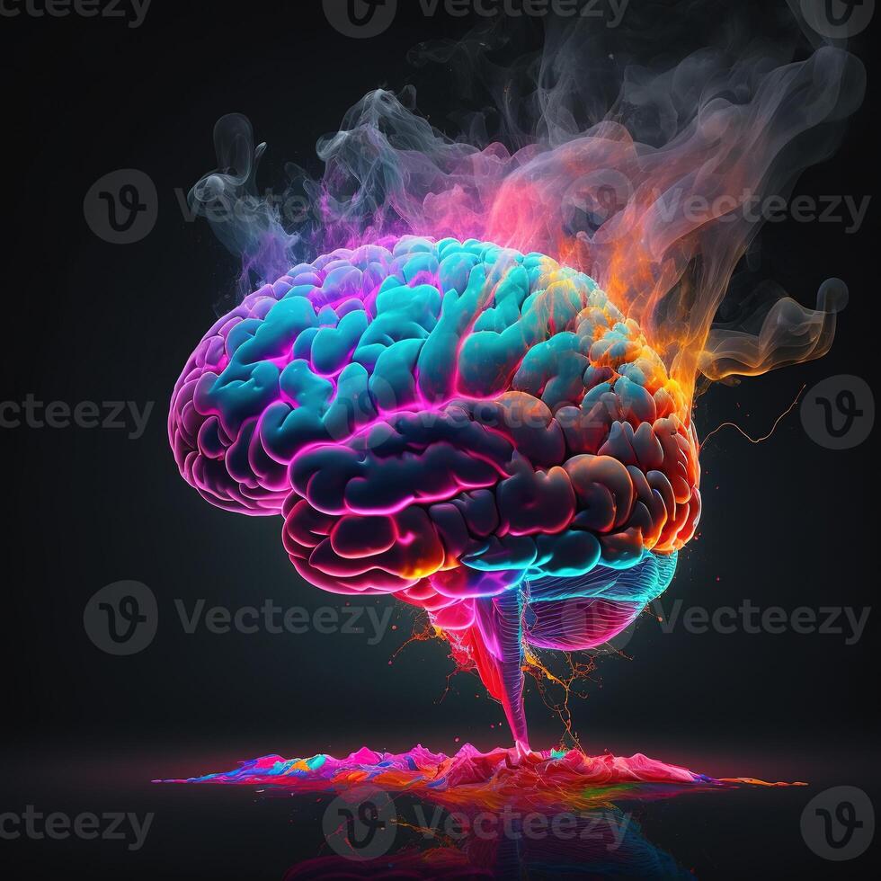 drijvend hersenen rgb neon rook achtergrond door ai gegenereerd foto