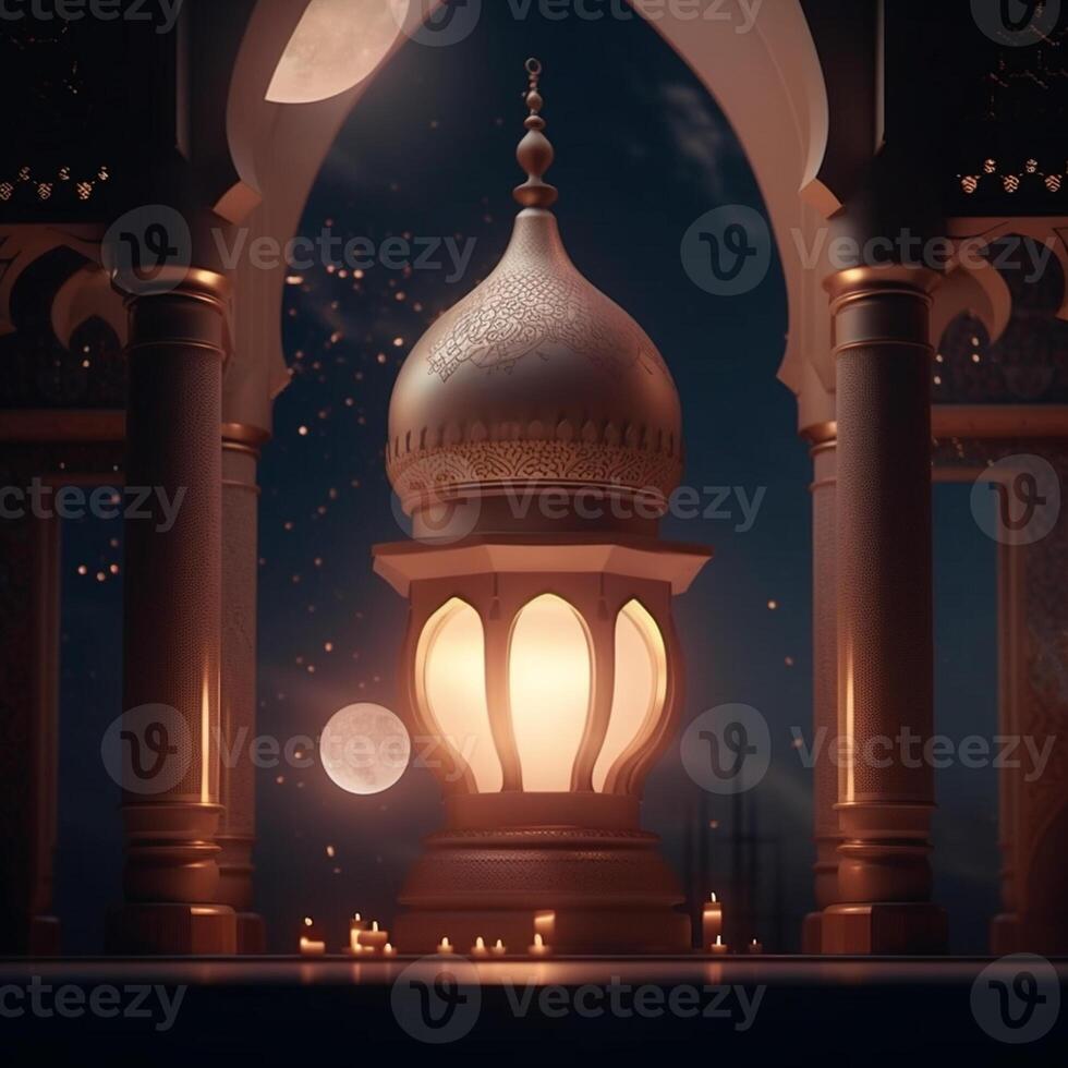 Ramadan kareem groet kaart. Arabisch lantaarns, maan en moskee Bij nacht. ai gegenereerd artwork foto