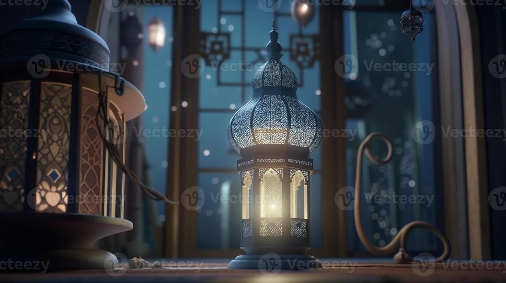 Ramadan kareem groet kaart. Arabisch lantaarns, maan en moskee Bij nacht. ai gegenereerd artwork foto