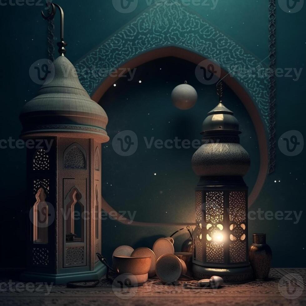 Ramadan kareem groet kaart. Arabisch lantaarns, maan en moskee Bij nacht. ai gegenereerd artwork foto