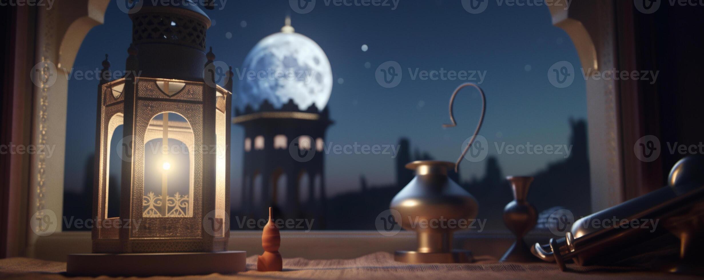 Ramadan kareem groet kaart. Arabisch lantaarns, maan en moskee Bij nacht. ai gegenereerd artwork foto