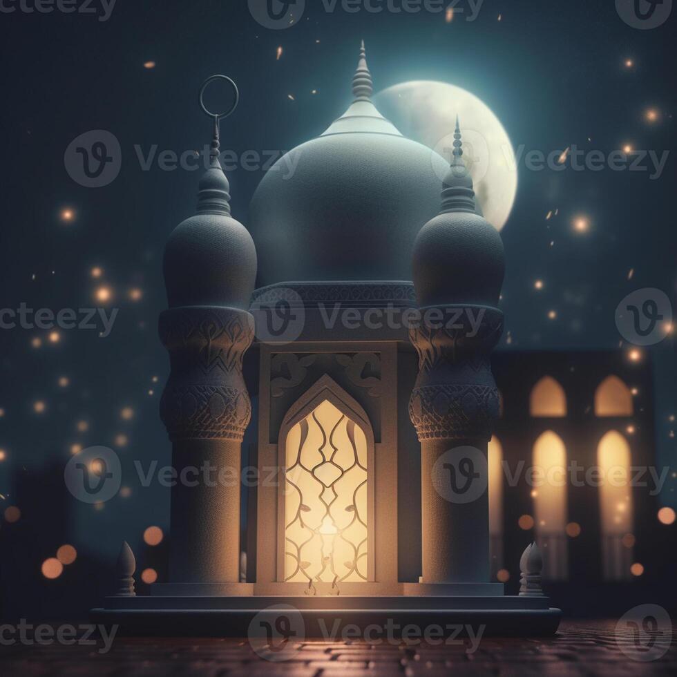 Ramadan kareem groet kaart. Arabisch lantaarns, maan en moskee Bij nacht. ai gegenereerd artwork foto