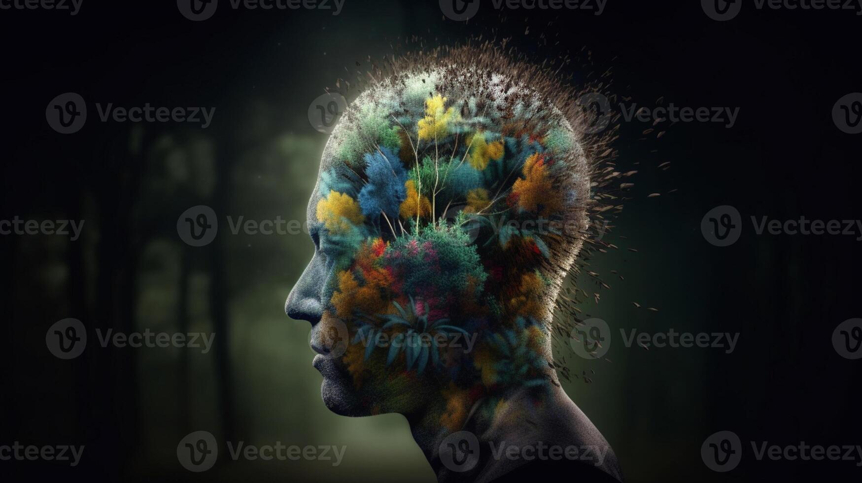 conceptuele beeld van een menselijk hoofd met kleurrijk hersenen en herfst bladeren. mentaal Gezondheid concept ai gegenereerd artwork foto
