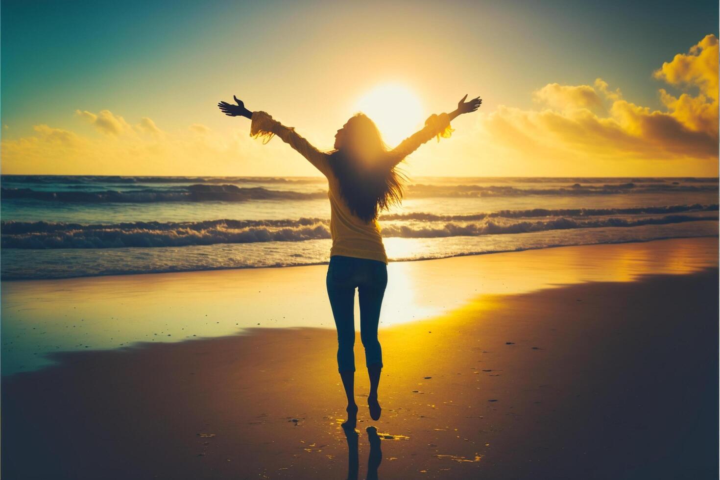 gelukkig vrouw met armen omhoog genieten vrijheid Bij de strand. generatief ai foto